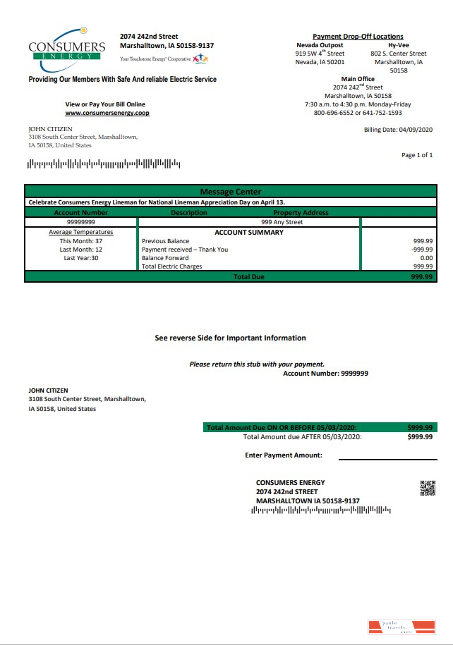 USA Iowa Consumers Energy utility bill template in Word and PDF format